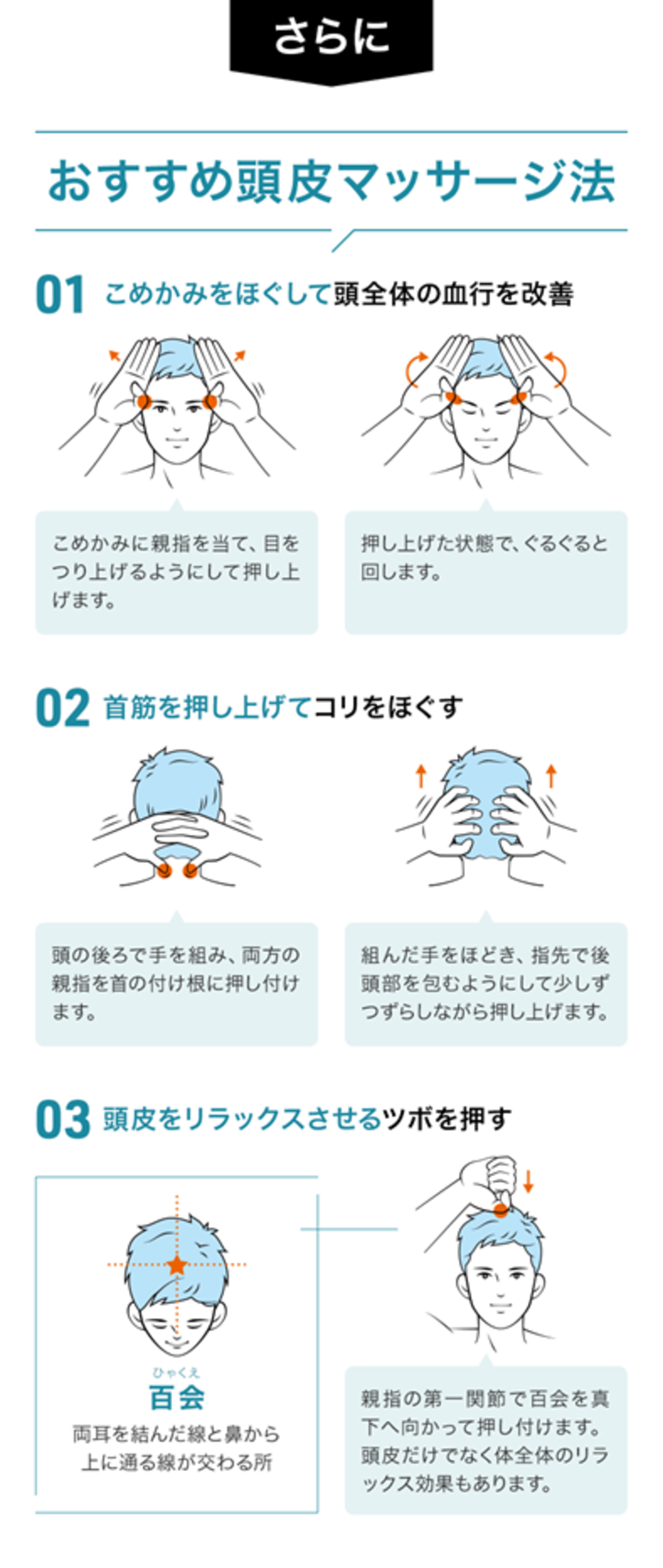 おすすめ頭皮マッサージ法：こめかみ・首筋・頭頂部のツボの3ステップ