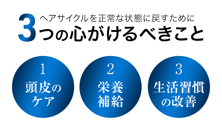 ヘアサイクルを正常な状態に戻すために心がけるべきことは頭皮のケア・栄養補給・生活習慣の改善