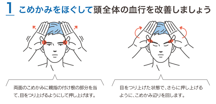 こめかみをほぐして頭全体の血行を改善しましょう