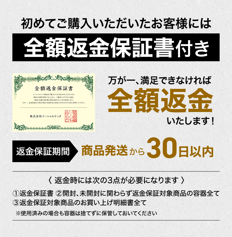 万が一、満足できなければ全額返金いたします！【返金保証期間】商品発送から30日以内