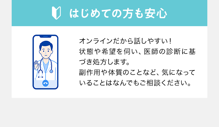 はじめての方も安心 オンラインだから話しやすい！状態や希望を伺い、医師の診断に基づき処方します。副作用や体質のことなど、気になっていることはなんでもご相談ください。