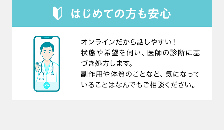 はじめての方も安心 オンラインだから話しやすい！状態や希望を伺い、医師の診断に基づき処方します。副作用や体質のことなど、気になっていることはなんでもご相談ください。