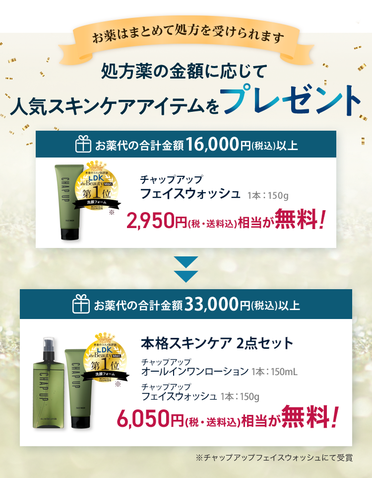 お薬はまとめて処方を受けられます 処方薬の金額に応じて人気スキンケアアイテムをプレゼント