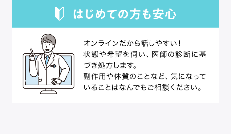 はじめての方も安心 オンラインだから話しやすい！状態や希望を伺い、医師の診断に基づき処方します。副作用や体質のことなど、気になっていることはなんでもご相談ください。