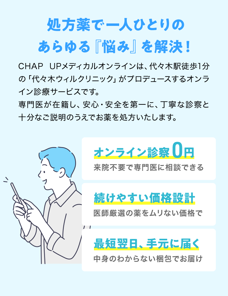 処方薬で一人ひとりのあらゆる『悩み』を解決！オンライン診察0円、続けやすい価格設計、最短翌日、手元に届く