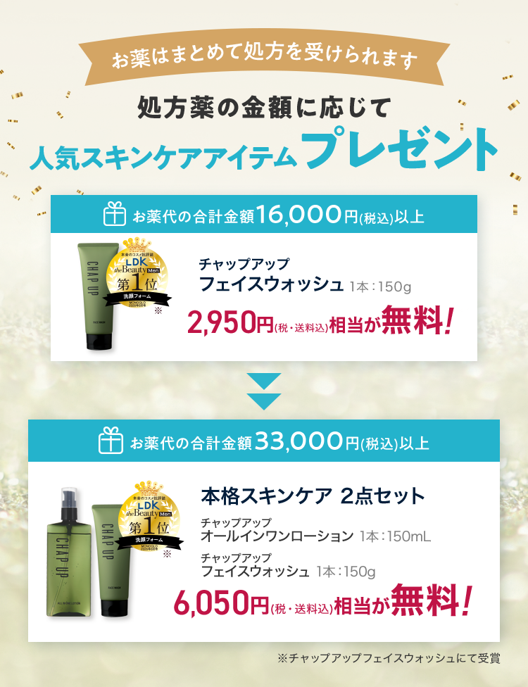 お薬はまとめて処方を受けられます 処方薬の金額に応じて人気スキンケアアイテムをプレゼント