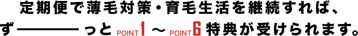 チャップアップの定期便で薄毛対策・育毛生活を継続すれば、ずーっとPOINT1〜POINT6特典が受けられます。